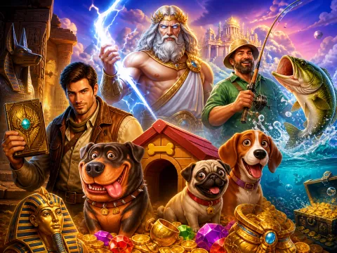 Dynamic composition of diverse slot game characters and worlds, featuring vibrant colors and rich fantasy landscapes, highlig