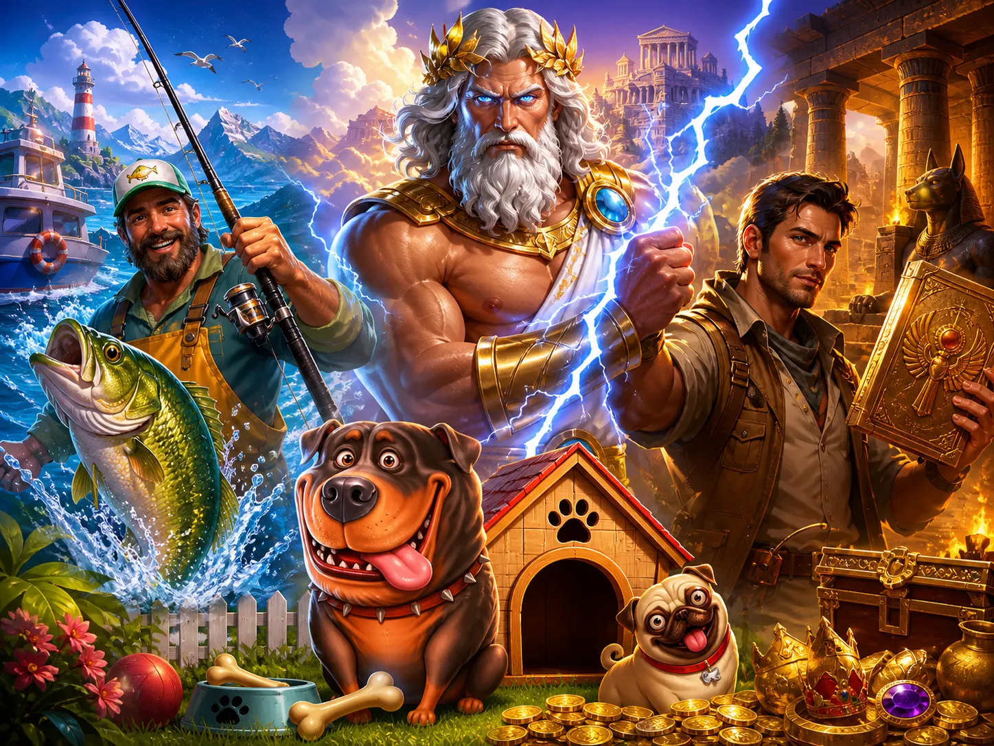 High-quality slot game artwork featuring characters and environments from popular slot themes like fantasy and mythology with
